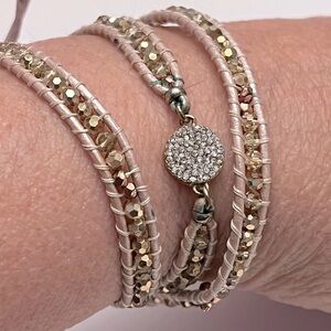 NAKAMOL Pink Beaded Wrap Bracelet or Necklace Faceted Beads Leather Clasp